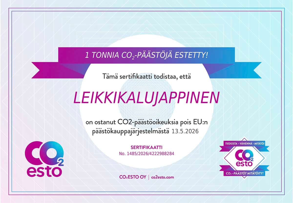 CO2esto-sertifikaatti No. 1485/2026/4222988284 — 1 tonni CO2-päästöjä kompensoitu Leikkikalujäppinen-tuotannon osalta 13.5.2026, EU:n päästökauppajärjestelmä