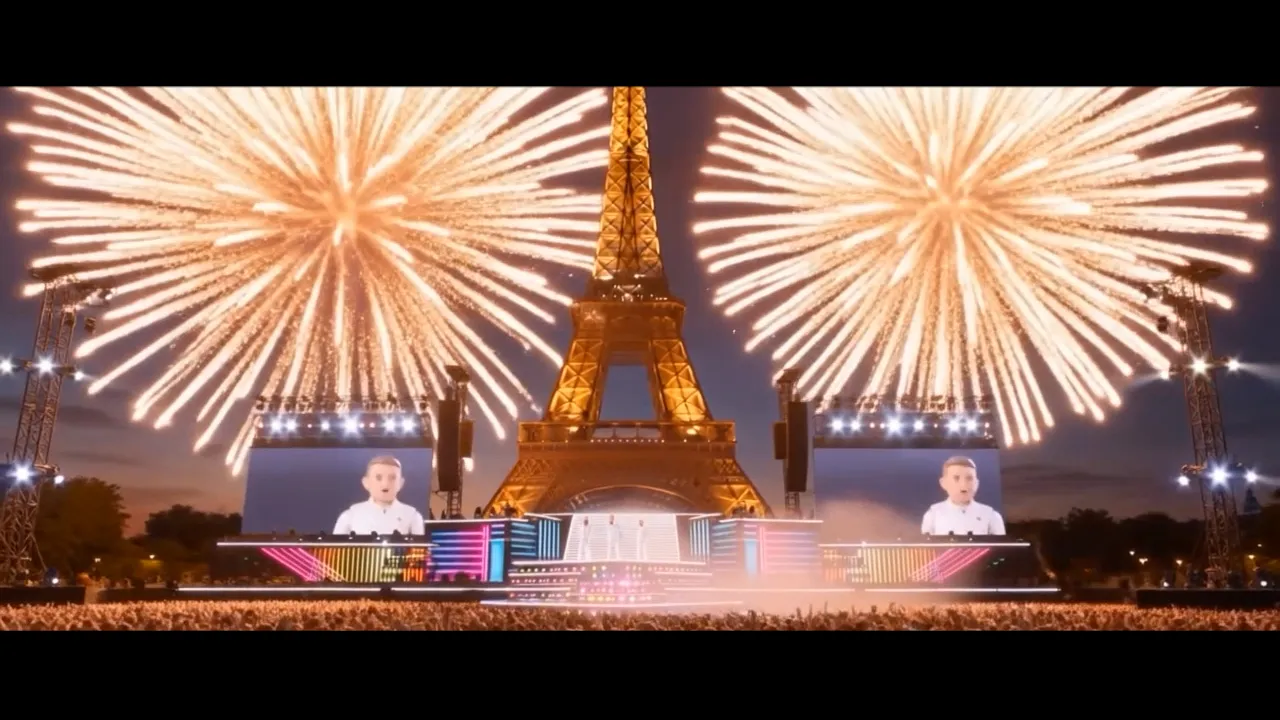 Raptori-figuurit massiivisella stadionlavalla Pariisissa Eiffel-tornin alla, ilotulitukset taustalla